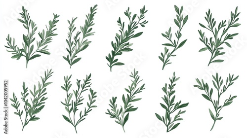 Various green herb leaves on a white isolate background.