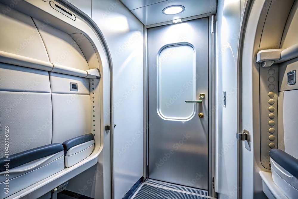 Depth of field image of lavatory door in an empty aircraft cabin Depth of field image of lavatory door in an empty aircraft cabin