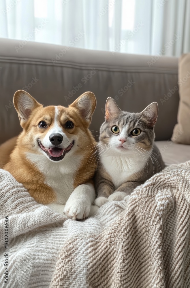 A joyful Corgi and a cute Scottish Fold cat relax together on a cozy sofa. Their charming expressions capture the essence of friendship in a warm, inviting home setting. A joyful Corgi and a cute Scottish Fold cat relax together on a cozy sofa. Their charming expressions capture the essence of friendship in a warm, inviting home setting.