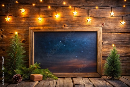 Rustic Blank Chalkboard Frame on Wooden Background for Creative Night Photography