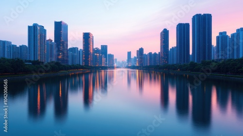 Serene City Skyline at Dusk Over Reflective Water