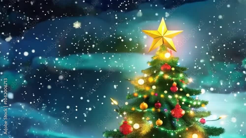 Festive Celebration Beautifully Decorated Christmas Tree Under Starry Sky with Colorful Ornaments, Lights, and Winter Snow for Holiday Joy