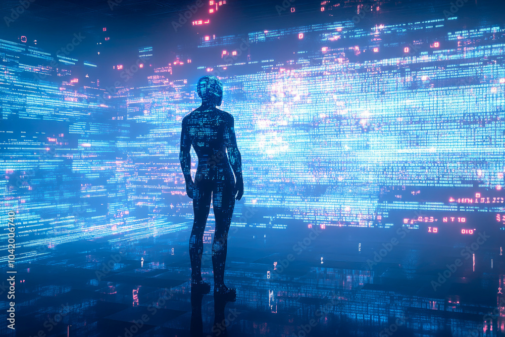 Fototapeta premium Futuristic cyborg in digital matrix environment with neon binary code and virtual reality theme