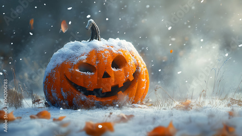 Halloween jack o lantern pumpkin in the snow