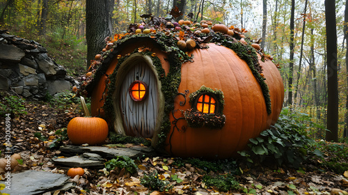 Haloween pumpkin making a house in the woods