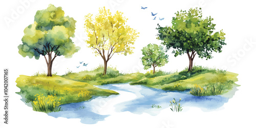 Watercolor spring trees scene with morning meadow near the river lake isolated on transparent background