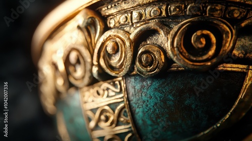 Detailed view of Greek aulos mouthpiece focused light enhancing intricate design