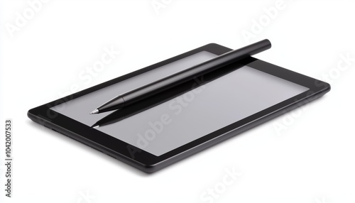 A tablet with a stylus pen, isolated on white, showing a blank digital canvas for drawing