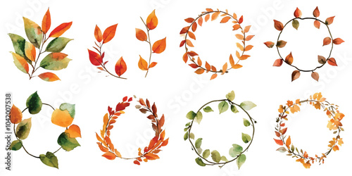 Set watercolor decorative autumn fall flower frames border circular shape wreath design resources elements isolated on transparent background