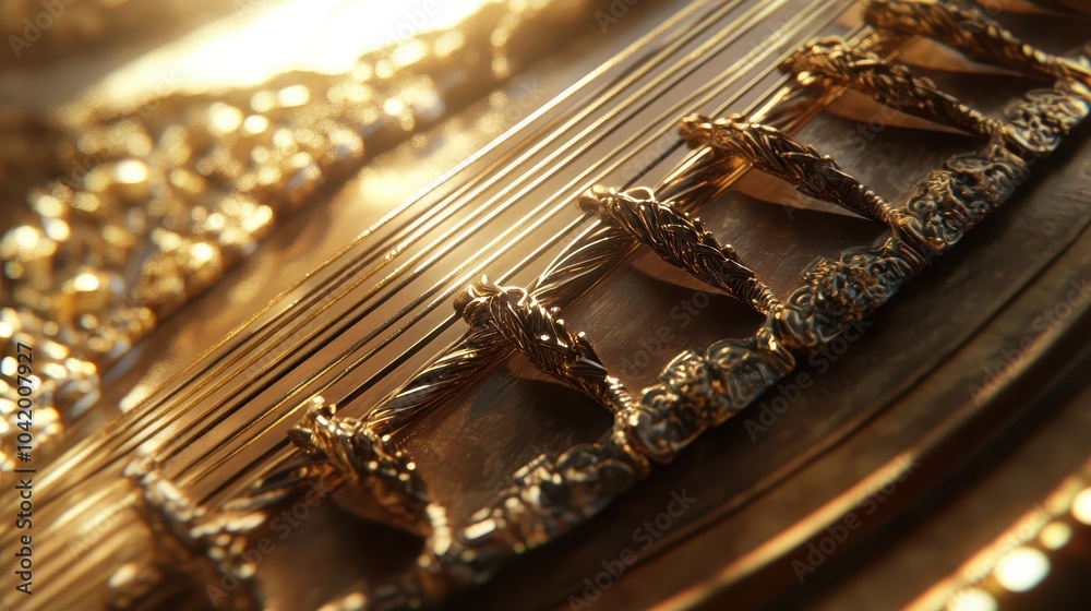 Knots in lyre strings craftsmanship and tension emphasized by bright lighting Knots in lyre strings craftsmanship and tension emphasized by bright lighting