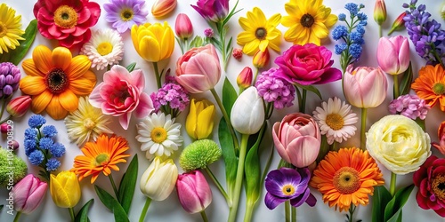 Colorful assortment of spring flowers on light background photo