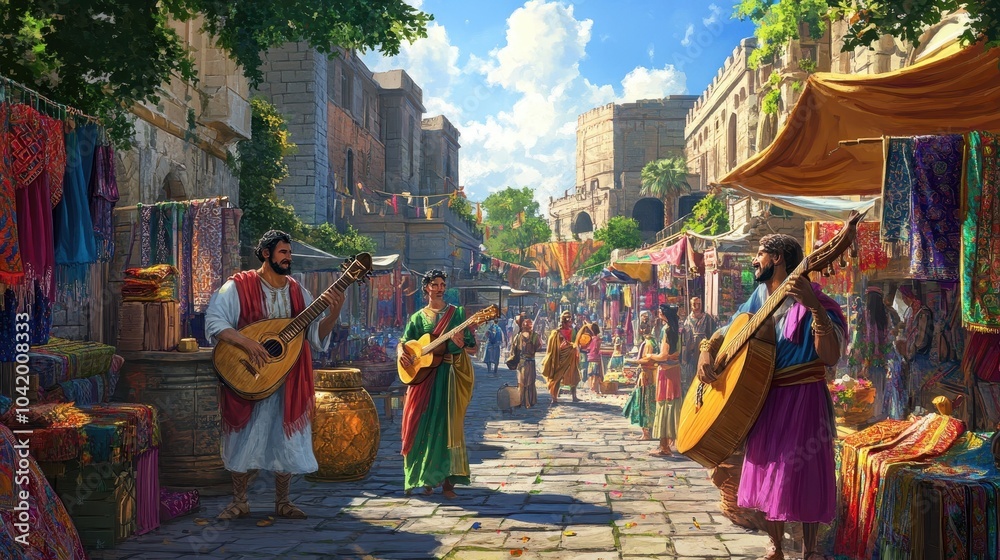 Vibrant marketplace with musicians playing aulos and lyre sunlight filtering through stalls Vibrant marketplace with musicians playing aulos and lyre sunlight filtering through stalls