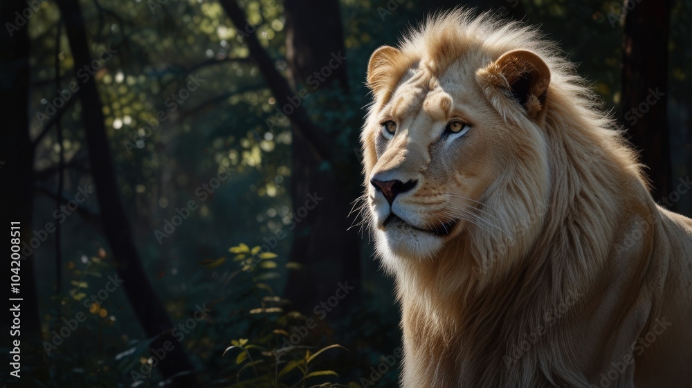 A male lion sits in a dense forest, bathed in warm sunlight. Its tawny fur is thick and lush, framing its powerful head and expressive eyes. A male lion sits in a dense forest, bathed in warm sunlight. Its tawny fur is thick and lush, framing its powerful head and expressive eyes.
