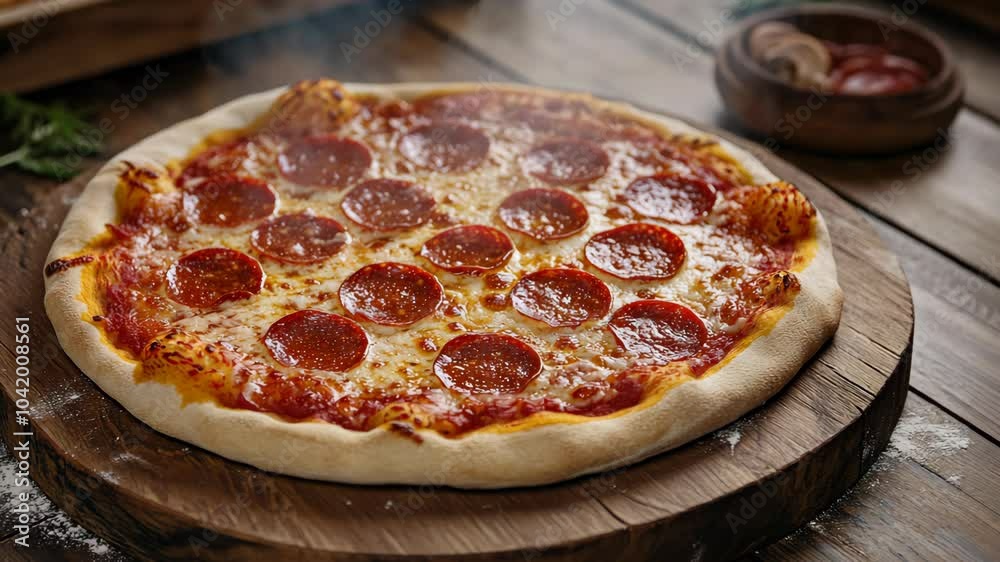 A fresh pepperoni pizza sits on a wooden cutting board, steaming from the oven A fresh pepperoni pizza sits on a wooden cutting board, steaming from the oven