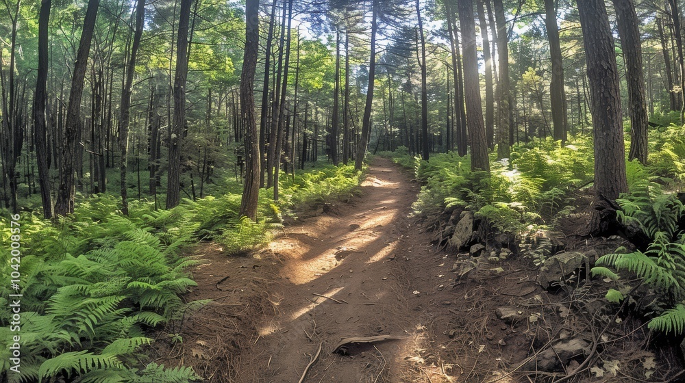 A serene pathway meanders through a vibrant forest with sunlight gently filtering through the canopy, illuminating the lush ferns and creating a tranquil atmosphere in nature A serene pathway meanders through a vibrant forest with sunlight gently filtering through the canopy, illuminating the lush ferns and creating a tranquil atmosphere in nature