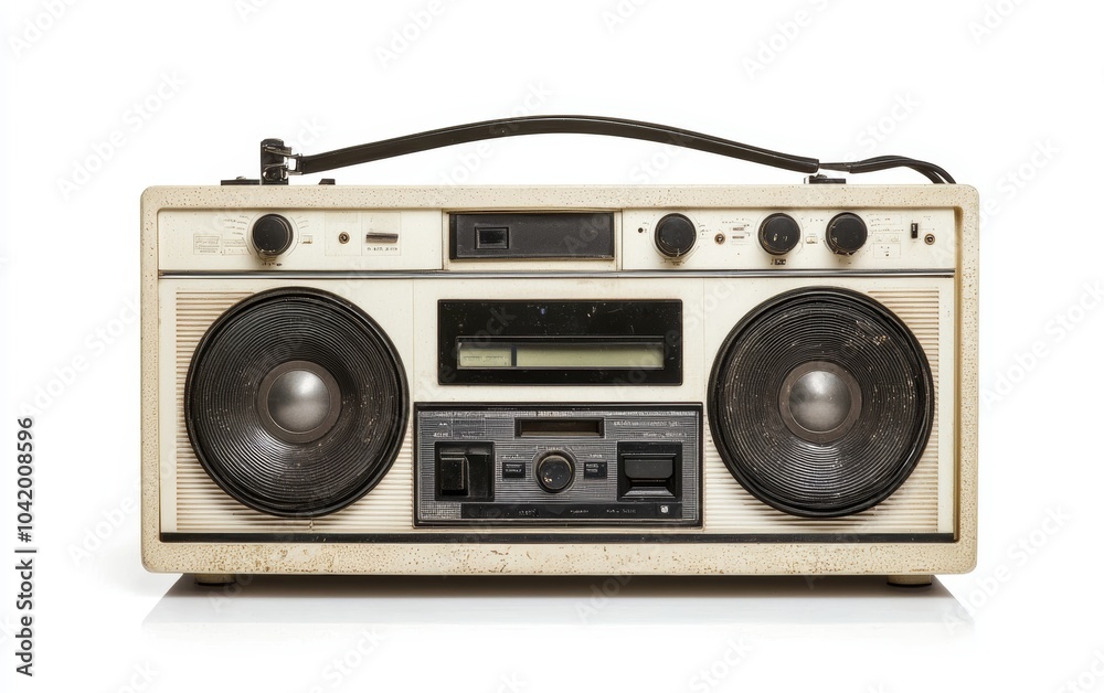 A 1970s style boombox, isolated on white, with cassette slot and speakers A 1970s style boombox, isolated on white, with cassette slot and speakers