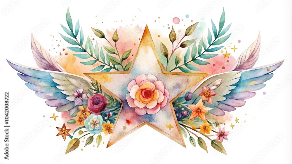 Obraz premium Watercolor art of star with wing and flower