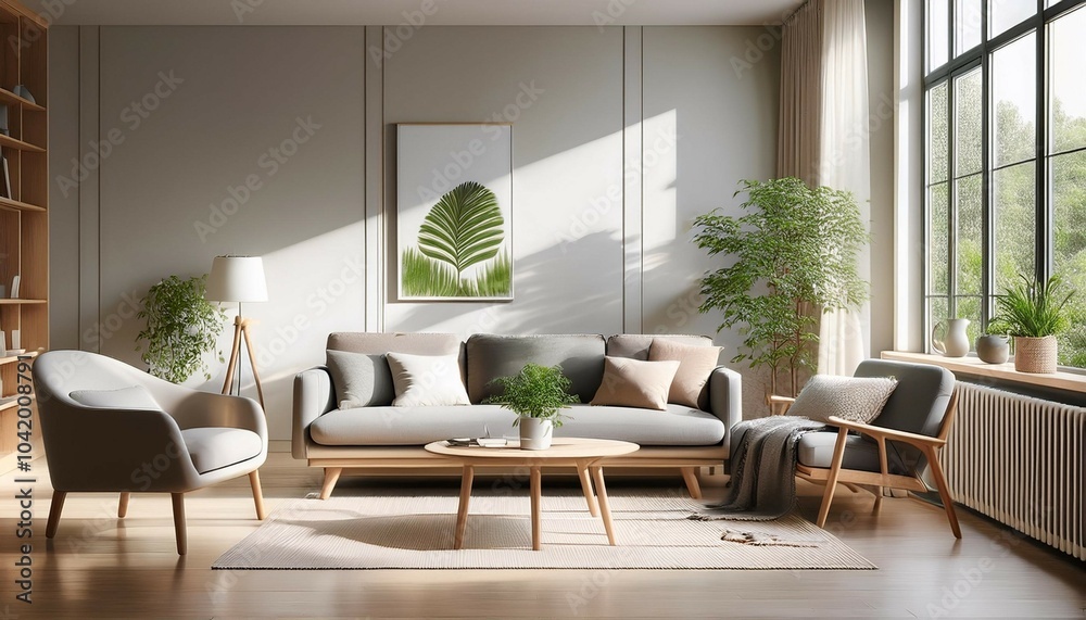 Fototapeta premium serene living room with large window natural light floods space gray sofa wooden coffee table armchair floor create cozy atmosphere white vase pillow painting of plant add touch of nature