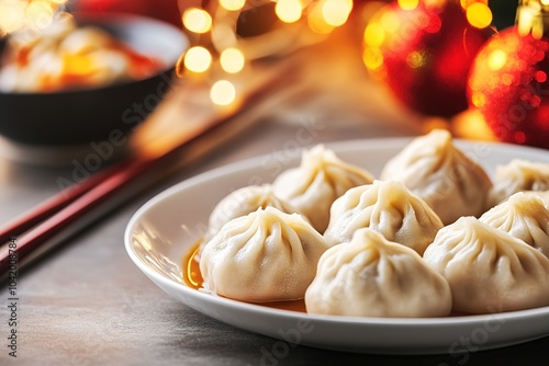 Dumplings on plate with festive backdrop