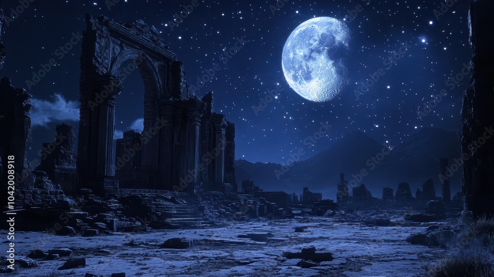 Naklejka premium Temple illuminated by moonlight casting long shadows stars twinkling overhead mystical scene