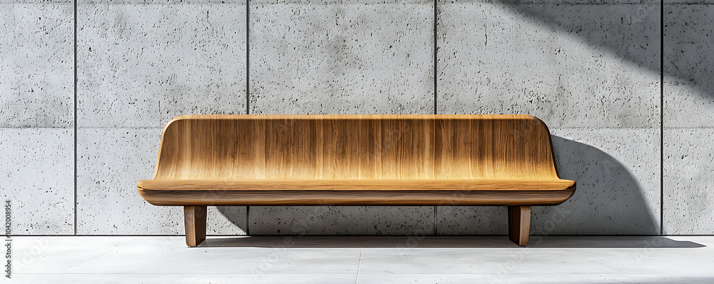 A minimalist scene of a simple wooden bench placed against a concrete wall. The clean lines and modern design make this image suitable for architecture A minimalist scene of a simple wooden bench placed against a concrete wall. The clean lines and modern design make this image suitable for architecture