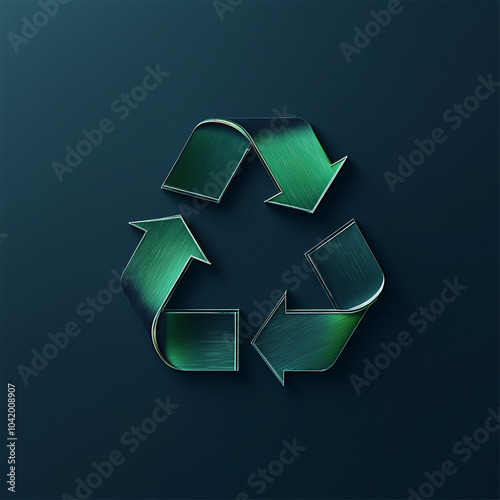 Hochwertiges 3D-Recycling-Symbol in edler Metalloptik. Exklusives Design mit gebürstetem Stahl-Look und eleganten Lichtreflexen. Premium-Nachhaltigkeitslogo für Corporate Identity photo