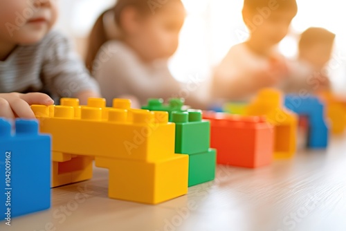 Children play with colorful building blocks on table photo