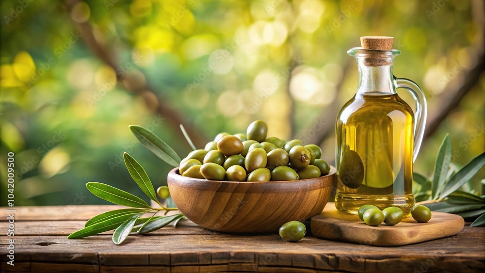 Depth of field mock up with plump green olives and bottle of premium olive oil Depth of field mock up with plump green olives and bottle of premium olive oil