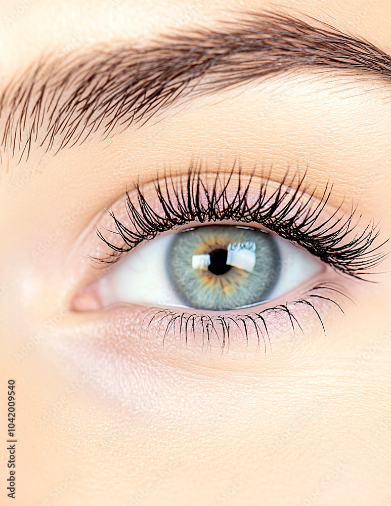 Obraz premium close up of female light green eye with long eyelashes wearing mascara