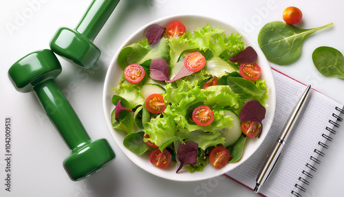 Dieta de ensalada verde, libreta bolígrafo y mancuernas para ejercicio para estar en forma y adelgazar