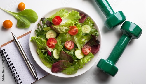 Dieta de ensalada verde y tomate junto a unas mancuernas de ejercicio y una libreta sobre una mesa