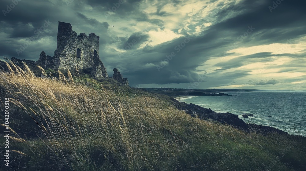 Fototapeta premium Fortress ruins overlooking the sea wild grasses swaying under a moody swirling sky