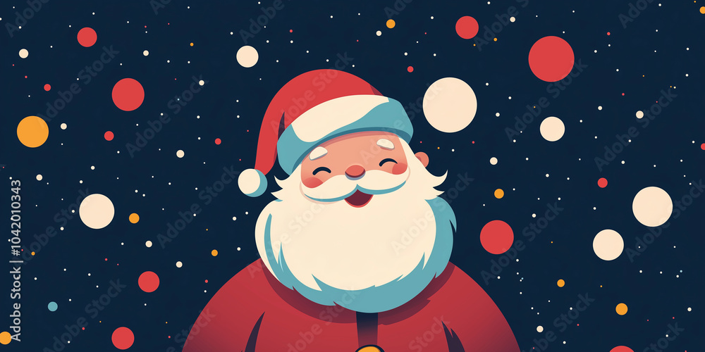 Cute cartoon friendly Santa Claus Christmas character with a big smile on his face, vector illustration with snowflakes and ornaments.