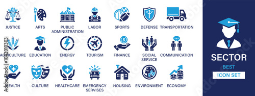 Sector of society best solid icon set collection. Justice, public administration, sports, defense, agriculture, social service and vector illustration..