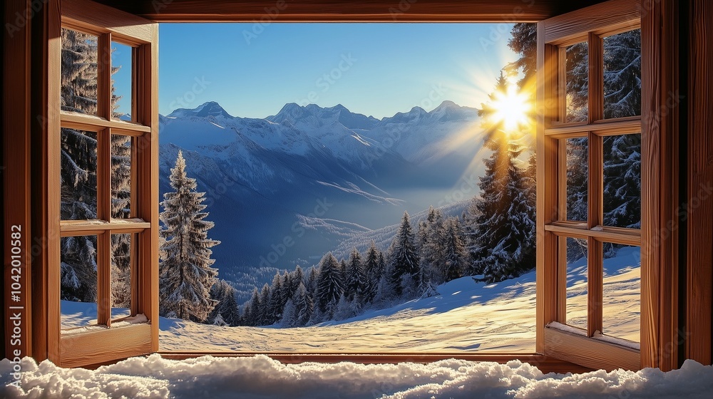beautiful winter view from a window on a sunny day in the mountains beautiful winter view from a window on a sunny day in the mountains