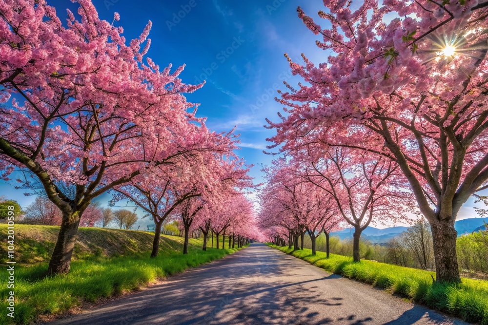Scenic Long Exposure of Pink Cherry Blossoms Along a Rural Road Under a Clear Blue Sky Scenic Long Exposure of Pink Cherry Blossoms Along a Rural Road Under a Clear Blue Sky