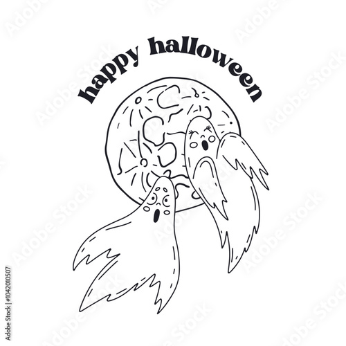 Card or poster with cute black and white. Halloween ghosts couple flying next to the full moon. Greeting text happy Halloween