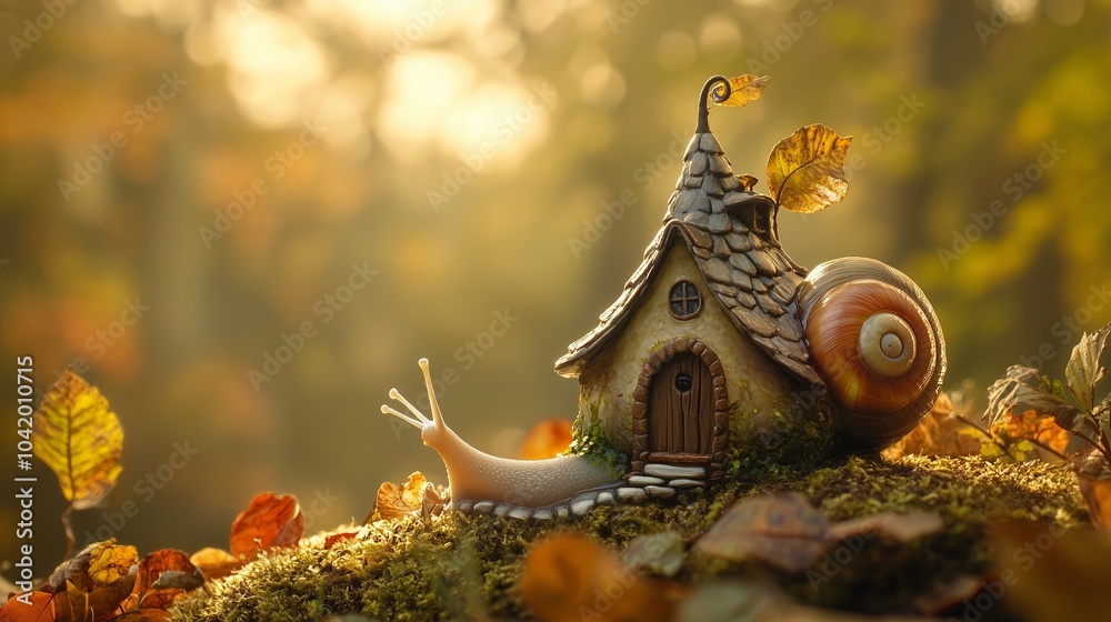 Obraz premium small snail with a real house on his back with windows and lights 