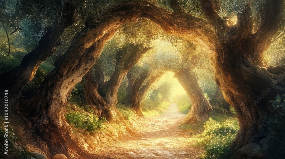 Fototapeta premium Olive tree-lined path with natural archway sunlight illuminating the way to a hidden temple