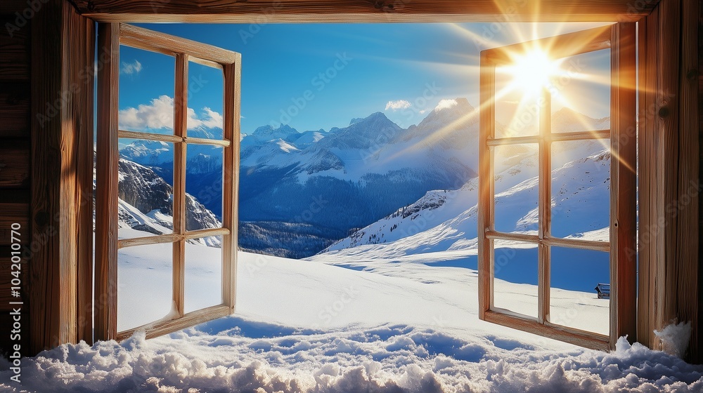 beautiful winter view from a window on a sunny day in the mountains beautiful winter view from a window on a sunny day in the mountains