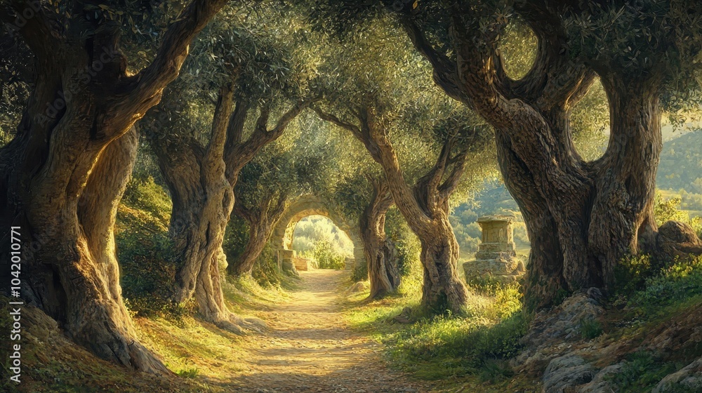 Olive trees form a natural archway over a secluded path sunlight leading to a distant temple Olive trees form a natural archway over a secluded path sunlight leading to a distant temple