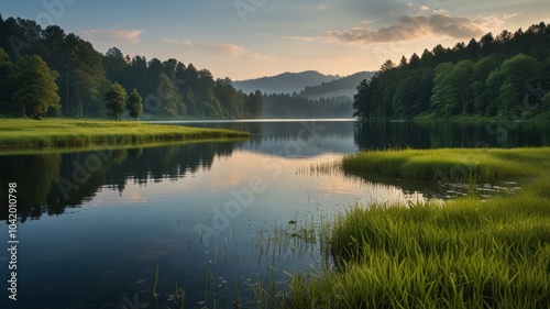 A calm lake bathed in the soft light of Dawn. Tall green grass swayed gently in the wind, framing calm water. The sky was painted in pink and orange, which bounced on the surface of the lake.