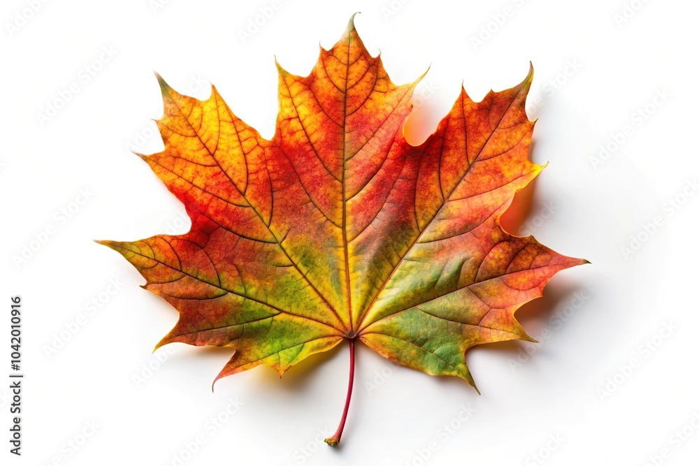 Fototapeta premium Colorful autumn maple leaf isolated on white background with low angle perspective