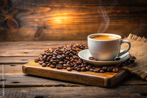 reflected cup of coffee, beans, wooden stage podium, products