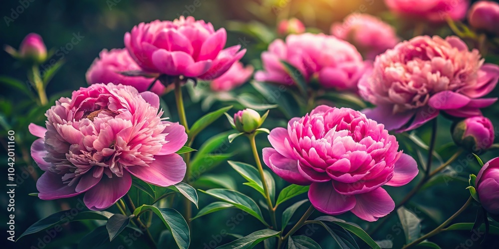 Depth of Field Peonies flowers on dark foliage nature background