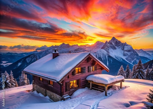 Scenic Sunset at Mountain Hut in Werfenweng Ski Resort Over Tennen Mountains for Product Photography photo