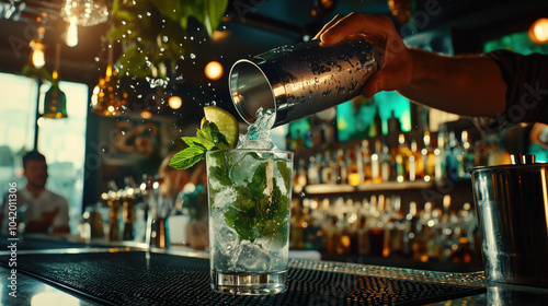 Close-up of bartender dynamically making, shaking fresh mojito cocktail in a stainless steel cocktail shaker, pouring into a glass with lime slices, mint leaves at a bar, dynamic splashing moment photo