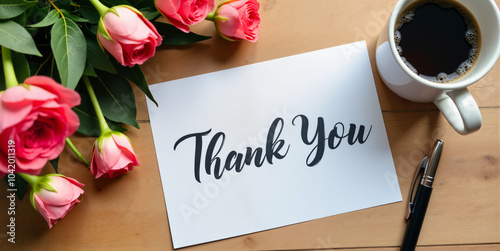 Thank you card with pink roses and coffee on wooden table