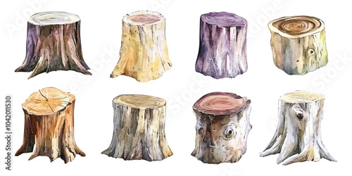 Set watercolor chopping dead wood trees stump trunk design resources elements isolated on transparent background