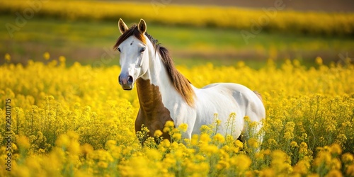 White and brown horse standing in a field of yellow flowers